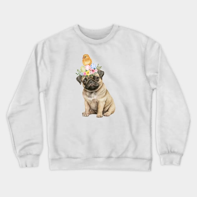 Sweet baby pug wit easter wreath and lttle yellow chicken on the head Crewneck Sweatshirt by GerganaR